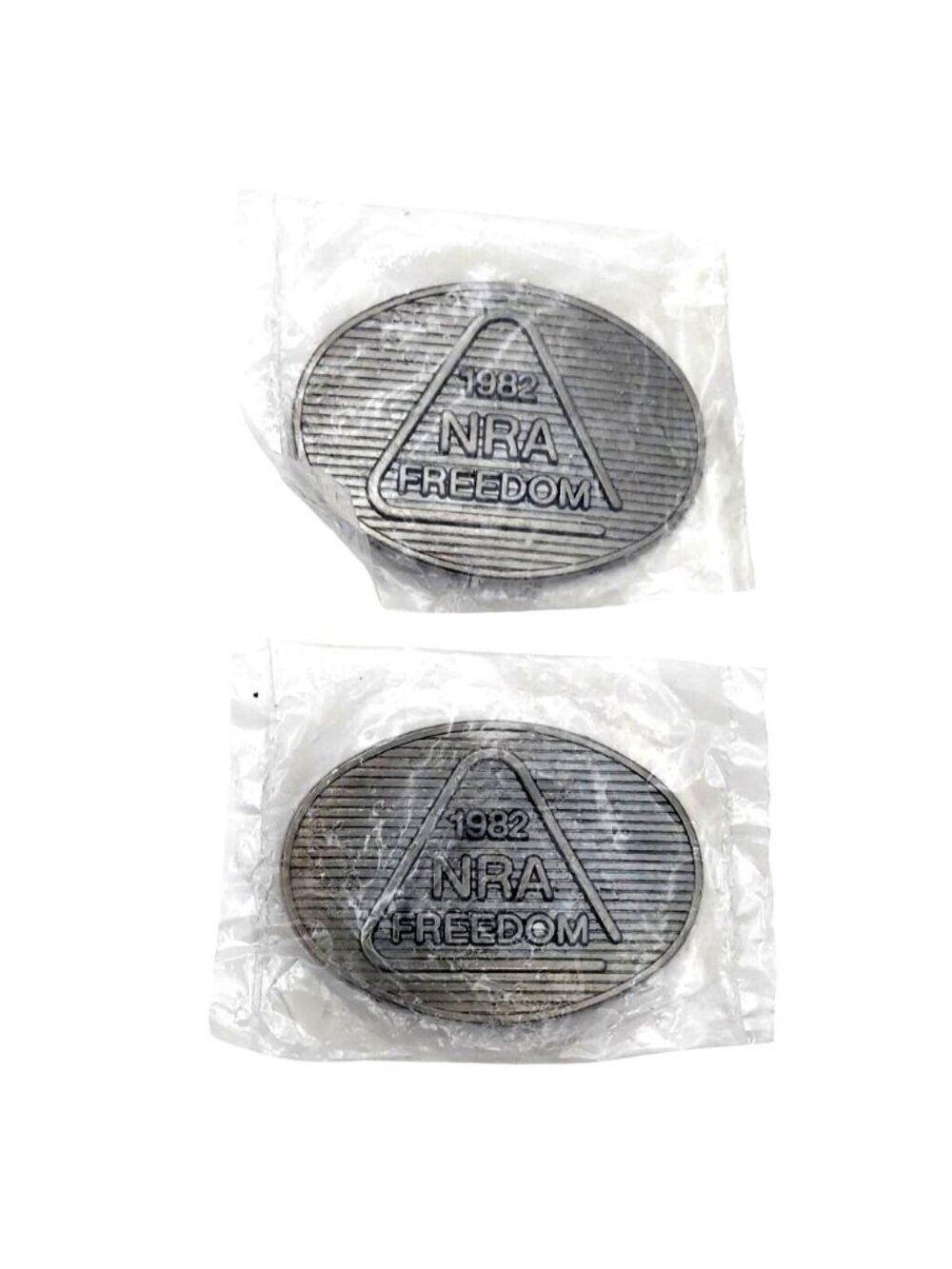 NRA Freedom Pewter Oval Belt Buckles Set Of 2 Collectible NOS Vintage 1982